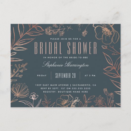 Elegantes Blue & Rose Gold Wiese Brautparty Einladungspostkarte (Vorderseite)