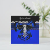Elegantes Blue Schwarz-weiß Diamond Pearl Lace Par Einladung (Stehend Vorderseite)