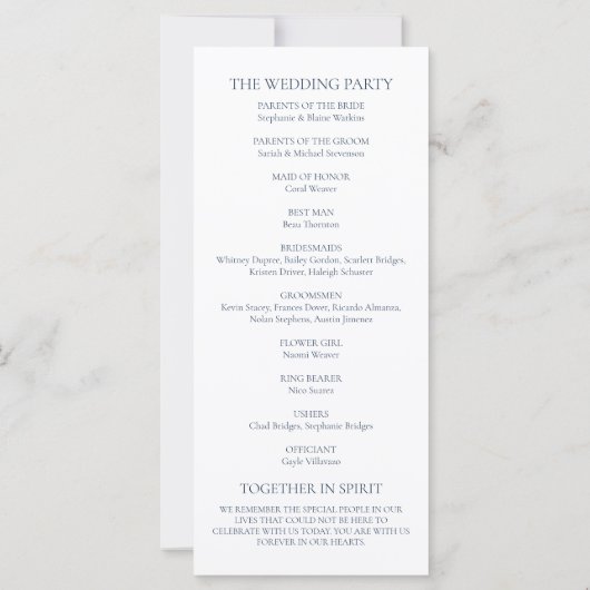 Elegantes Blue Script Modernes Hochzeitsprogramm (Rückseite)