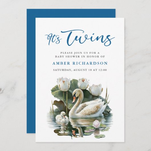 Elegantes Blue Script Swan Simple Boy Baby Shower Einladung (Vorne/Hinten)