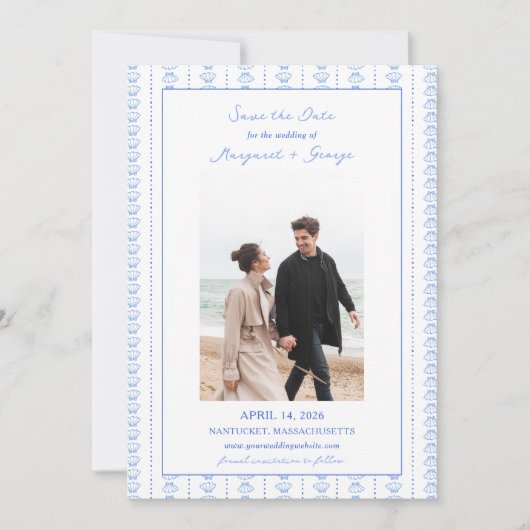 Elegantes Blue Seashell Coastal Foto Hochzeit Save The Date (Vorderseite)