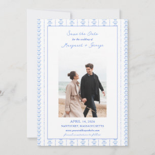 Elegantes Blue Seashell Coastal Foto Hochzeit Save The Date