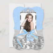 Elegantes Blue Silver Bow Rose Foto Quinceanera 1 Einladung (Vorderseite)