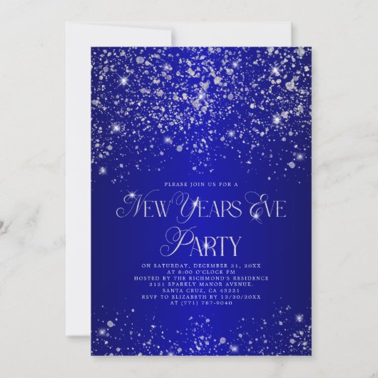 Elegantes Blue Silver Glitzer Silvester Party Einladung (Vorderseite)