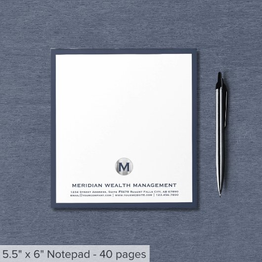 Elegantes Blue Silver Initial Logo Notepad Notizblock