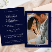 Elegantes Blue & Silver Script Foto Hochzeit Einladung