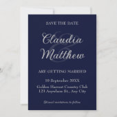 Elegantes Blue & Silver Script Foto Hochzeit Save The Date (Vorderseite)
