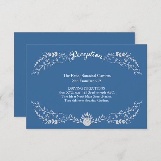 Elegantes Blue & Silver Wreath Monochromatic Weddi Begleitkarte (Vorne/Hinten)