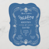 Elegantes Blue & Silver Wreath Monochromatic Weddi Einladung (Vorne/Hinten)