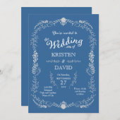 Elegantes Blue & Silver Wreath Monochromatic Weddi Einladung (Vorne/Hinten)