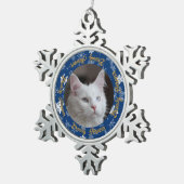 Elegantes Blue Snowflake Cat Foto Custom Christmas Schneeflocken Zinn-Ornament (Rechts)