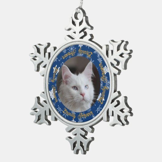 Elegantes Blue Snowflake Cat Foto Custom Christmas Schneeflocken Zinn-Ornament (Rechts)
