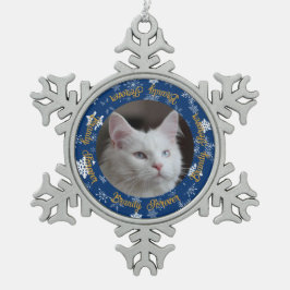 Elegantes Blue Snowflake Cat Foto Custom Christmas Schneeflocken Zinn-Ornament