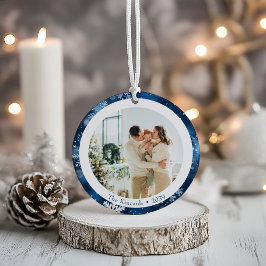 Elegantes Blue Snowflake Doppelseitiges Weihnachts Keramik Ornament