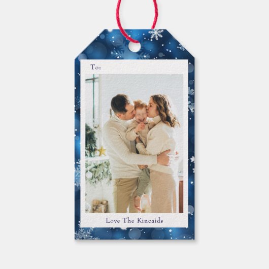 Elegantes Blue Snowflake Foto Geschenkanhänger (Vorderseite)