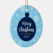 Elegantes Blue Snowflake Weihnachts-Foto Keramik Ornament (Rechts)