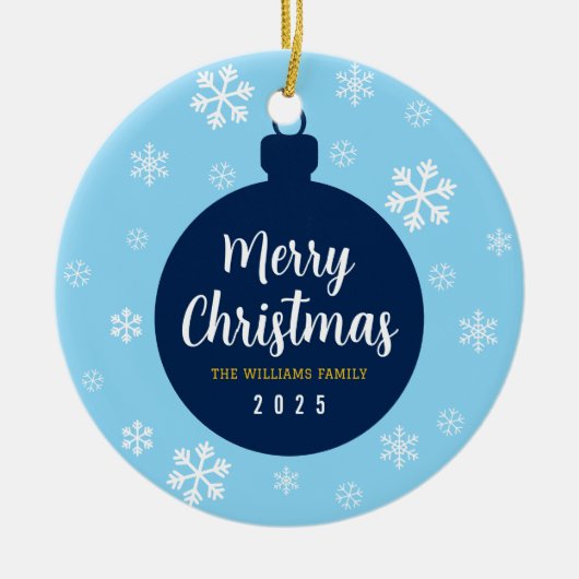 Elegantes Blue Snowflake Weihnachts-Foto Keramik Ornament (Vorne)