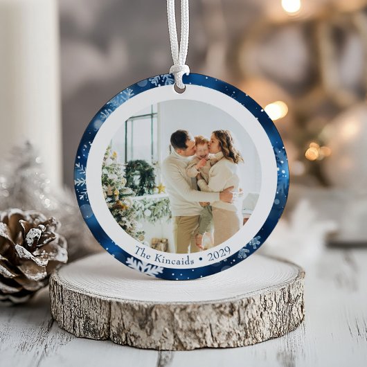 Elegantes Blue Snowflake Weihnachts-Foto Keramik Ornament