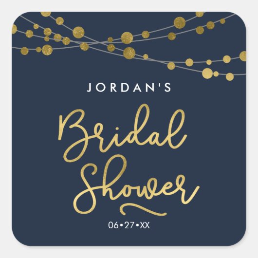 Elegantes Blue Strings of Lights Brautparty Quadratischer Aufkleber (Vorderseite)