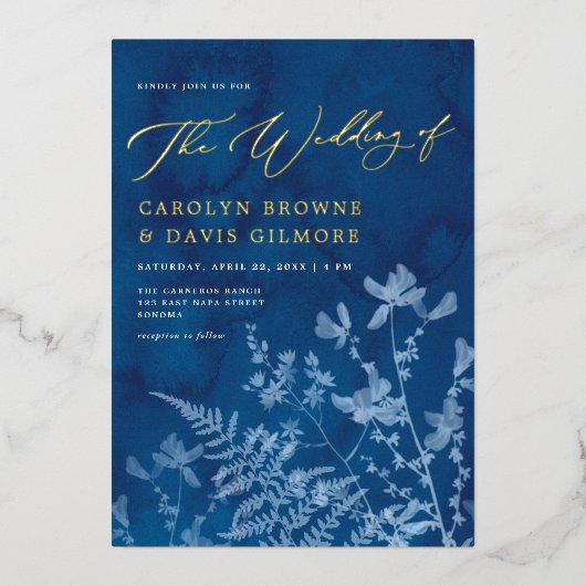 Elegantes Blue Sunprint Boho Botanische Hochzeit G Folieneinladung (Vorderseite)