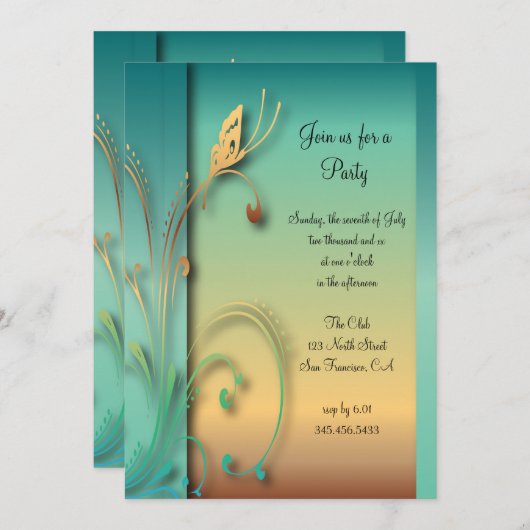 Elegantes Blue Sunset Butterfly Party Template Einladung (Vorne/Hinten)