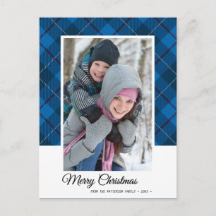 Elegantes Blue Tartan Frohe Weihnachtsfamilie Foto Postkarte