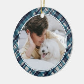 Elegantes Blue Tartan Kariertes Weihnachtsmonogram Keramik Ornament (Links)
