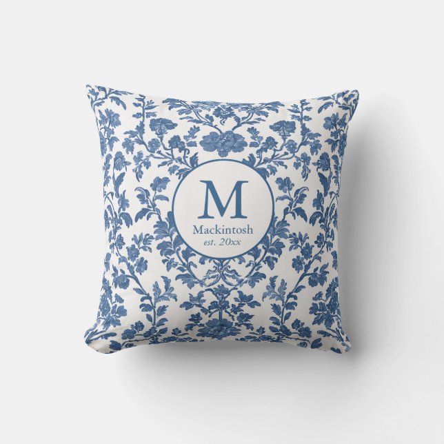 Elegantes Blue Toile Monogram Kissen (Vorderseite)
