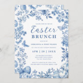 Elegantes Blue Toile Whimsical Floral Oaster Brunc Einladung (Vorne/Hinten)