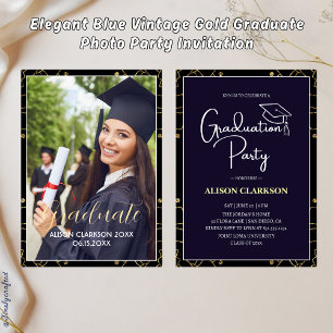 Elegantes Blue Vintag Gold Graduate Foto Party Einladung
