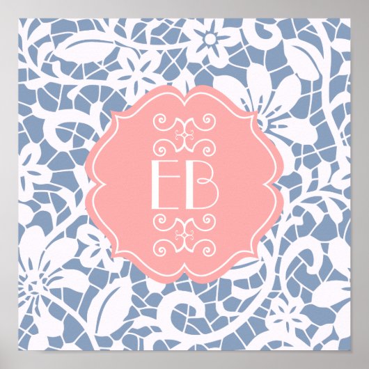 Elegantes Blue Vintag Lace Personalisiert Monogram Poster (Vorne)