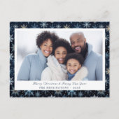 Elegantes Blue Vintag Snowflakes Foto Feiertagspostkarte (Vorderseite)