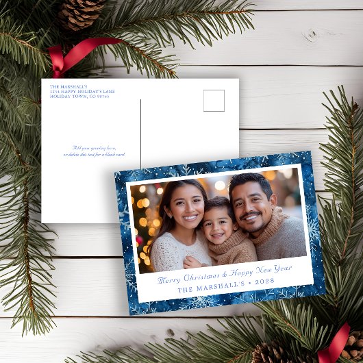 Elegantes Blue Vintag Snowflakes Foto Feiertagspostkarte