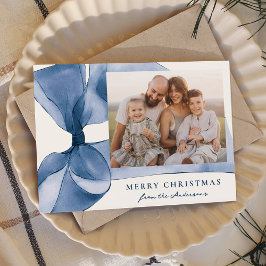 Elegantes Blue Watercolor Bow 2 Foto Feiertagskarte