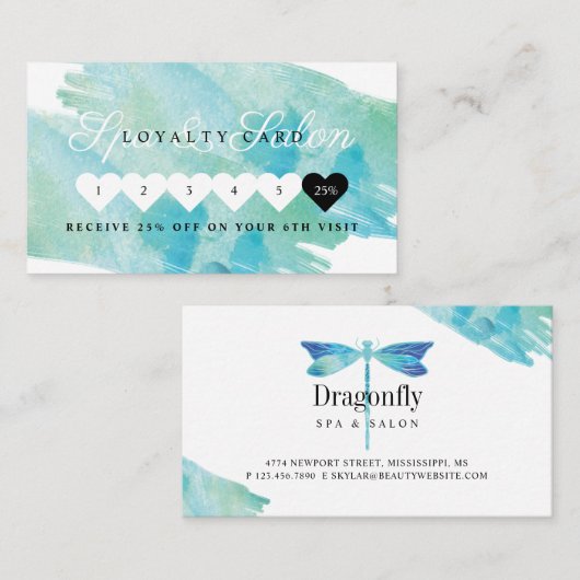 Elegantes Blue Watercolor Dragonfly Salon & Wellne Treuekarte (Vorne/Hinten)