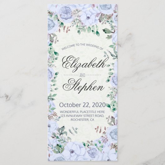Elegantes Blue Watercolor Floral Wedding Program Programm (Vorderseite)