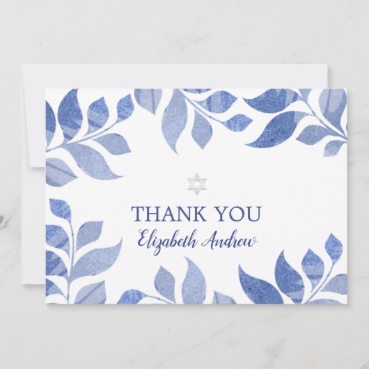 Elegantes Blue Watercolor Foliage Bat Mitzvah Dankeskarte (Vorderseite)