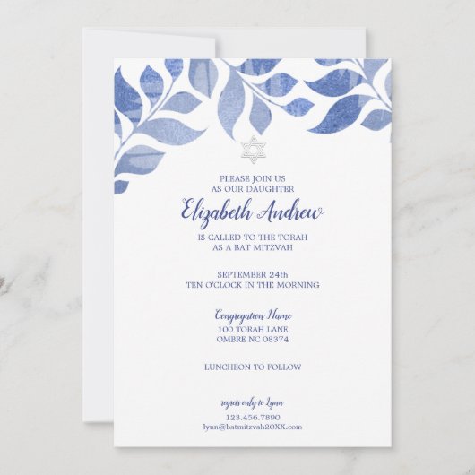 Elegantes Blue Watercolor Foliage Bat Mitzvah Einladung (Vorderseite)