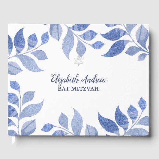 Elegantes Blue Watercolor Foliage Bat Mitzvah Gästebuch (Vorderseite)