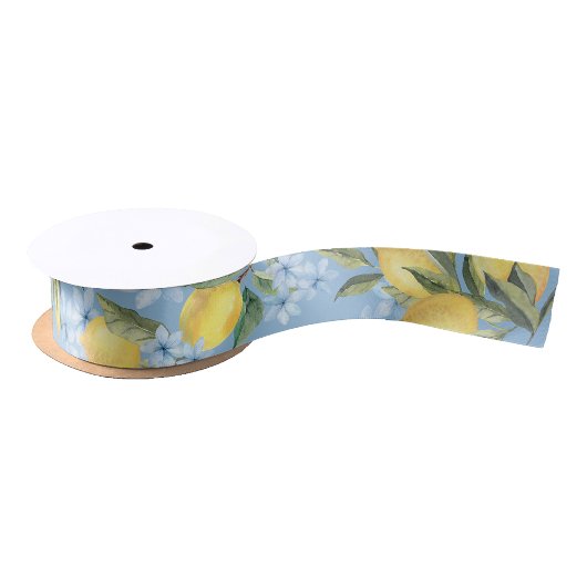 Elegantes Blue Watercolor Lemon und Blume Satinband