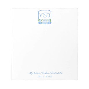 Elegantes Blue Watercolor Monogram Wappen Lady Notizblock