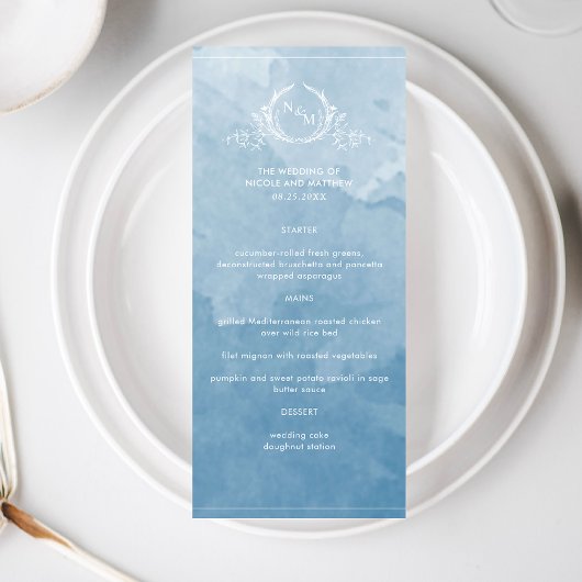 Elegantes Blue Watercolor, Monogram Wedding Menu Menükarte