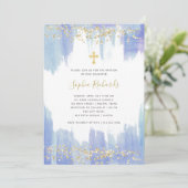 Elegantes Blue Watercolor und Gold | Taufe Einladung (Stehend Vorderseite)