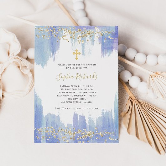 Elegantes Blue Watercolor und Gold | Taufe Einladung
