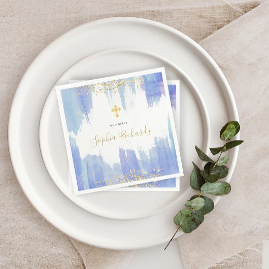 Elegantes Blue Watercolor und Gold | Taufe Serviette