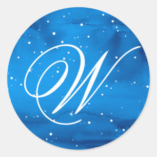 Elegantes Blue Watercolor White Snow Script Monogr Runder Aufkleber