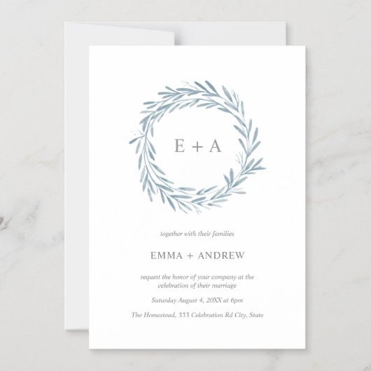 Elegantes Blue Watercolor Wreath Einladung (Vorderseite)