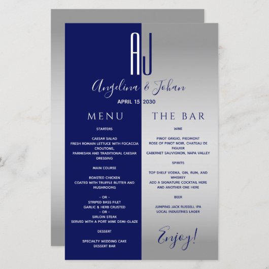 Elegantes Blue Wedding Bar Menu (Vorne/Hinten)
