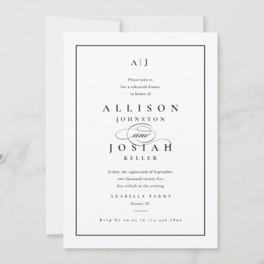 Elegantes Blue Wedding Probe Dinner Einladung (Vorderseite)