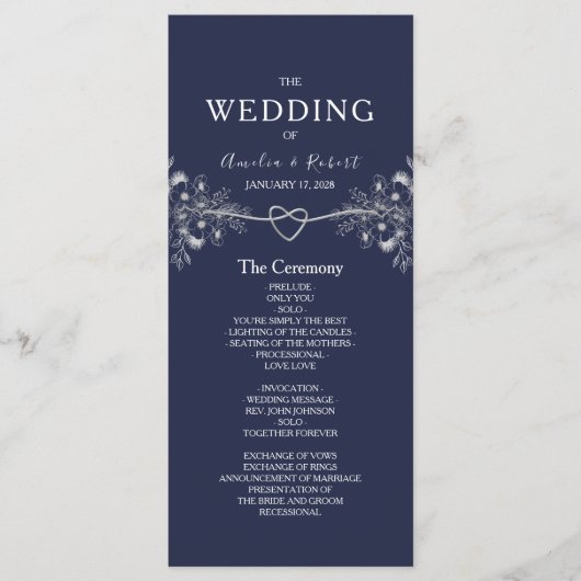 Elegantes Blue Wedding Programm (Vorderseite)